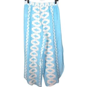 KASIA Hermes Pants Size Small Blue White Wide Leg Linen Pants Resortwear NWT
